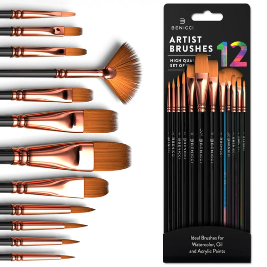 Professional Artist Paint Brush Set of 12 - Painting Brushes Kit for Kids, Adults Fabulous for Canvas, Watercolor & Fabric - for Beginners